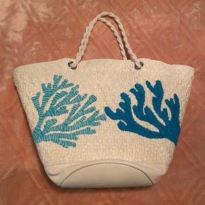 Chicos Coral Raffia Tote